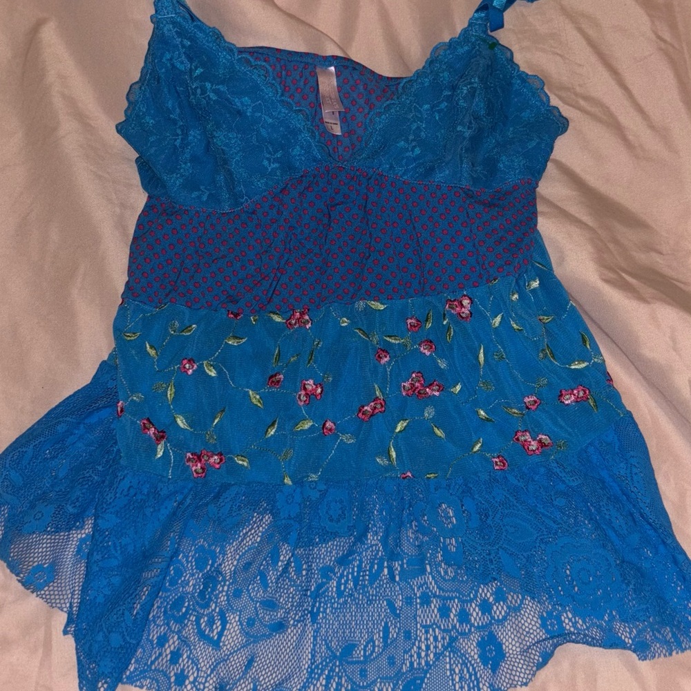 Blue lace babydoll top with floral embroidery *VS*